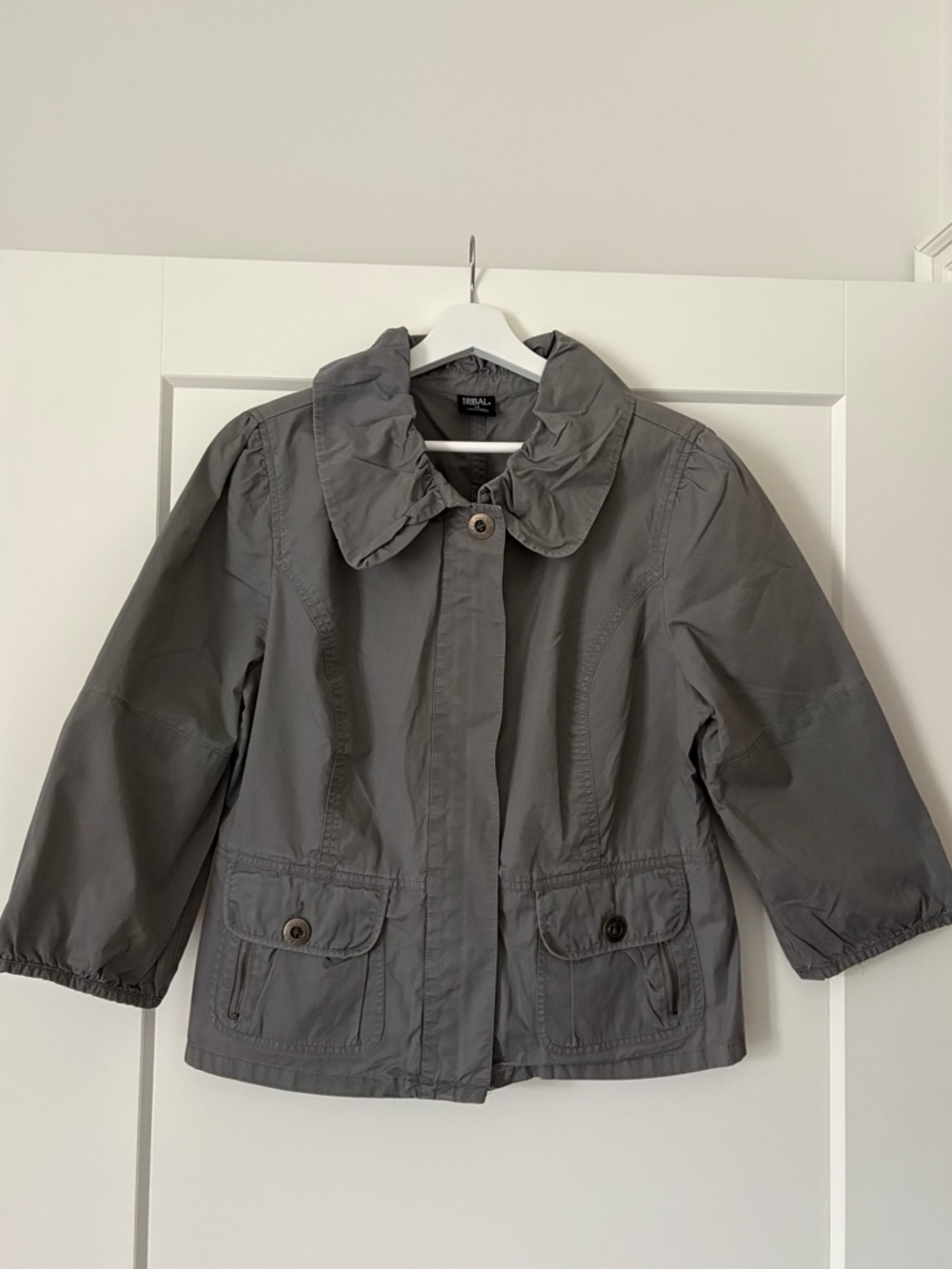 Tribal Gray Blazer Jacket with Ruffle Collar